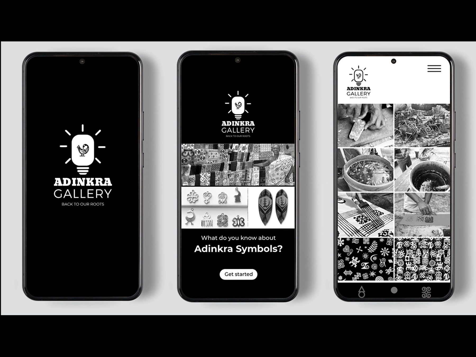 Three phones showing the welcome, home and symbols screens of the Adinkra Gallery app