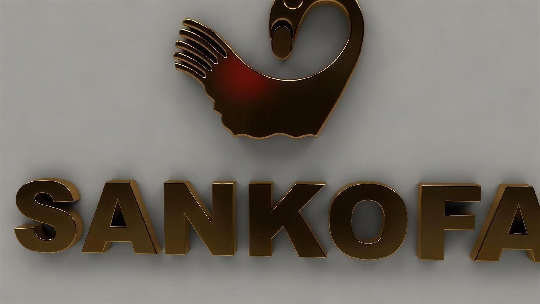 Still from the Sankofa animation: a bronze Sankofa bird above the word SANKOFA in 3D letters
