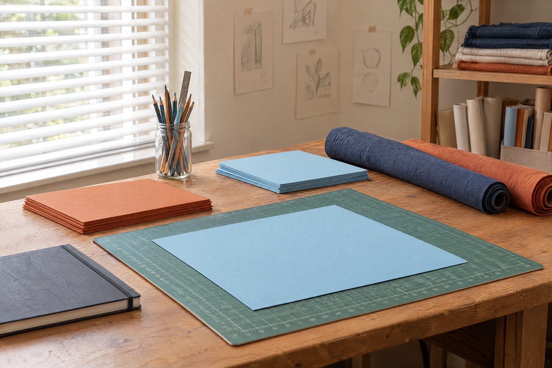 A quiet design workspace by a window: cutting mat, sheets of colored card, rolled fabric and pinned sketches